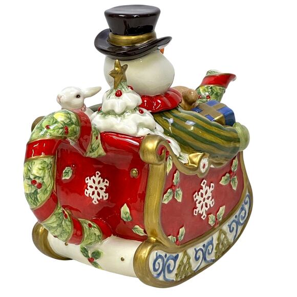 Fitz and Floyd 2005 'Frosty Folks Collection' Christmas Snowman Sleigh Teapot - Picture 3 of 11